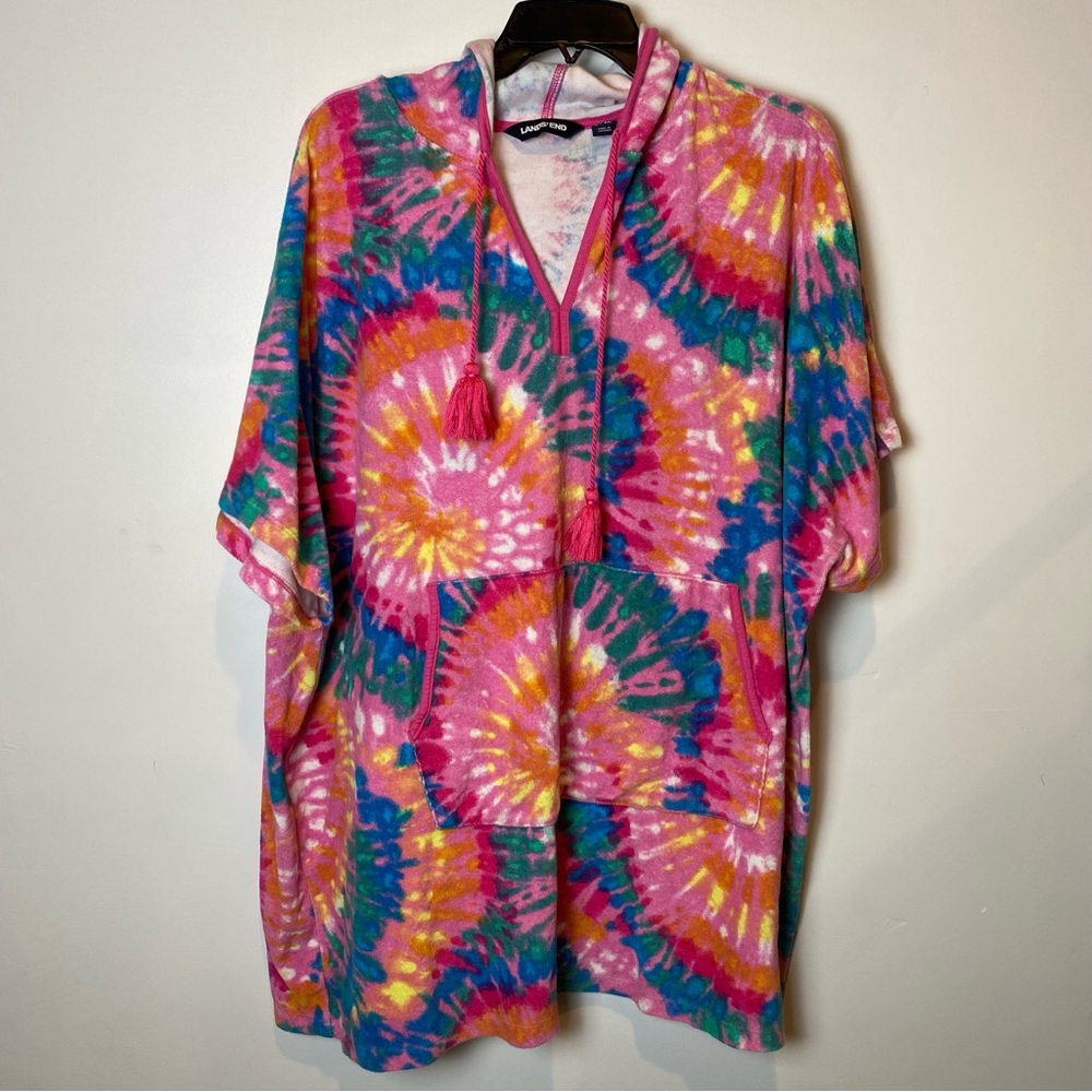 Lands' End Multicolor Tie-Dye Swim Coverup Terrycloth Hooded Women’s L/XL